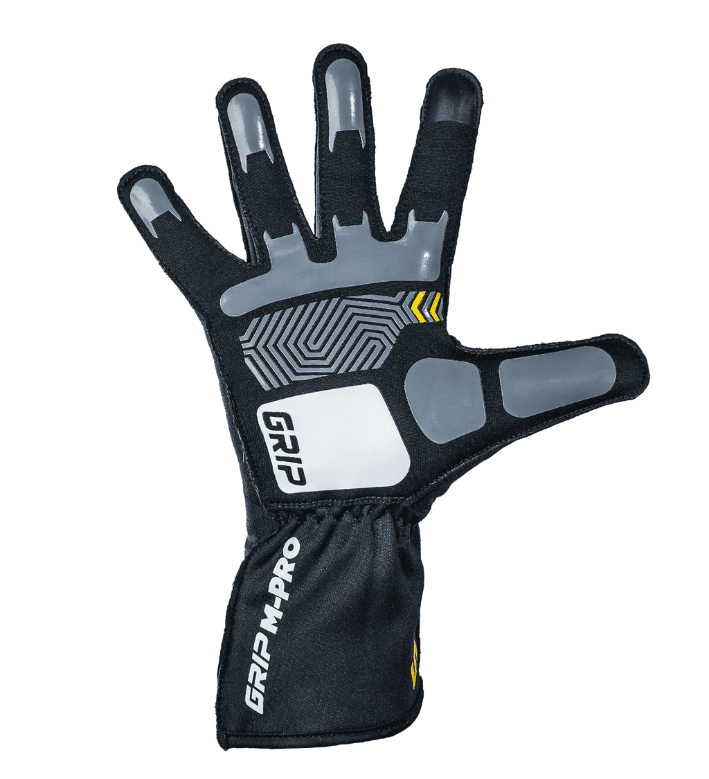 Syncmesh Grip M-PRO Black sim racing glove, palm view with grey padded panels