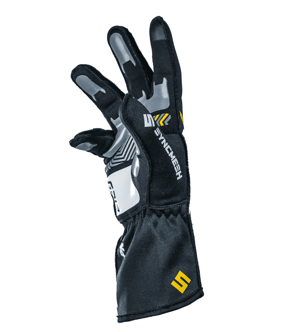 Syncmesh Grip M-PRO Black sim racing glove, angled view showing the padded palm