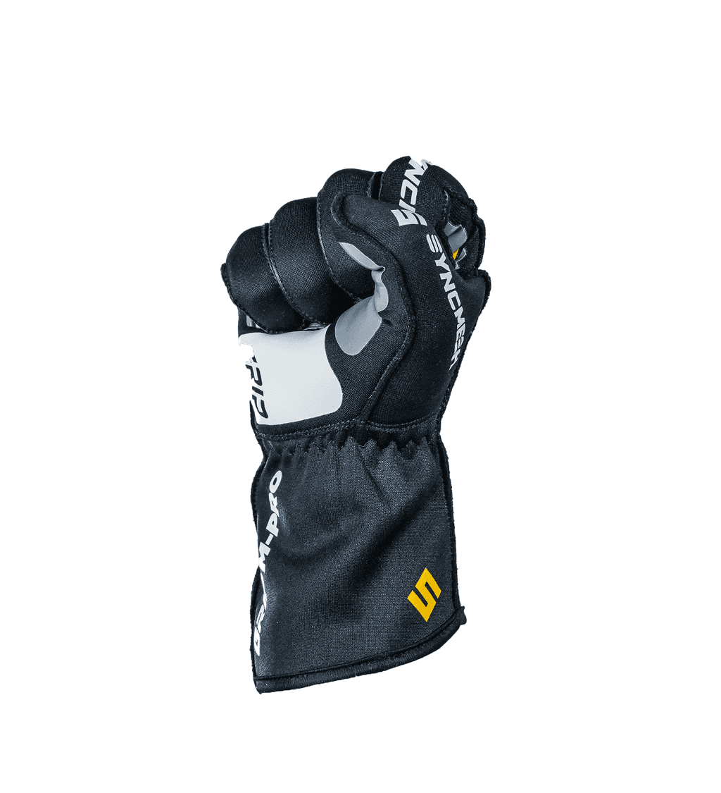 Syncmesh Grip M-PRO Black sim racing glove, side view with fingers curled