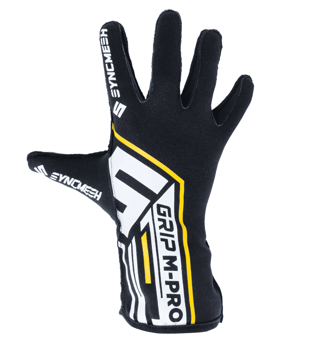 Syncmesh Grip M-PRO sim racing glove in black, back of hand with white and yellow GRIP M-PRO graphic