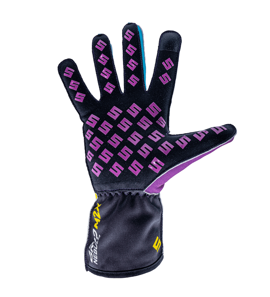 Syncmesh Grip M2X Nebula sim racing glove, palm view showing the purple S-logo silicone grip pattern