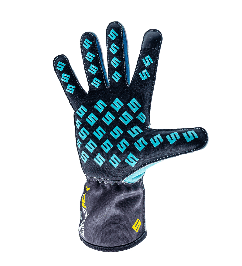 Syncmesh Grip M2X Aurora sim racing glove, palm view showing the teal S-logo silicone grip pattern