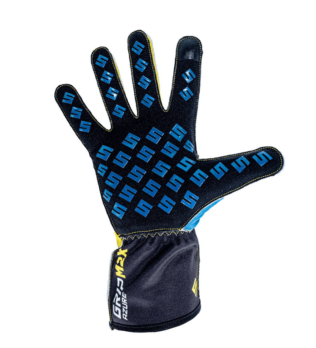 Syncmesh Grip M2X Azure sim racing glove, palm view showing the blue S-logo silicone grip pattern