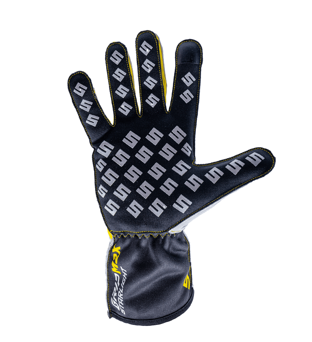Syncmesh Grip M2X Starlight sim racing glove, palm view showing the white S-logo silicone grip pattern