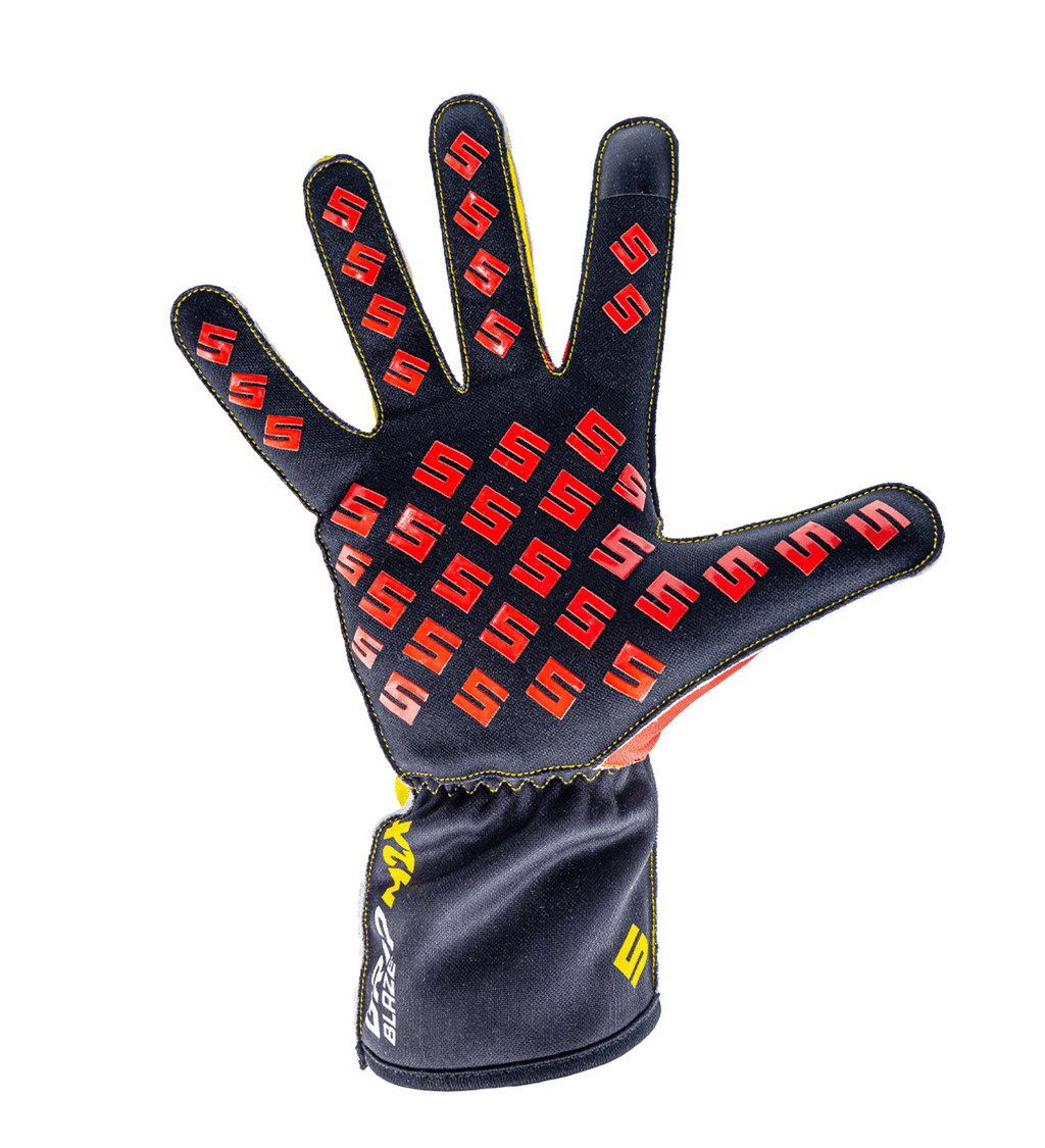 Syncmesh Grip M2X Blaze sim racing glove, palm view with red S-logo silicone grip on a black palm