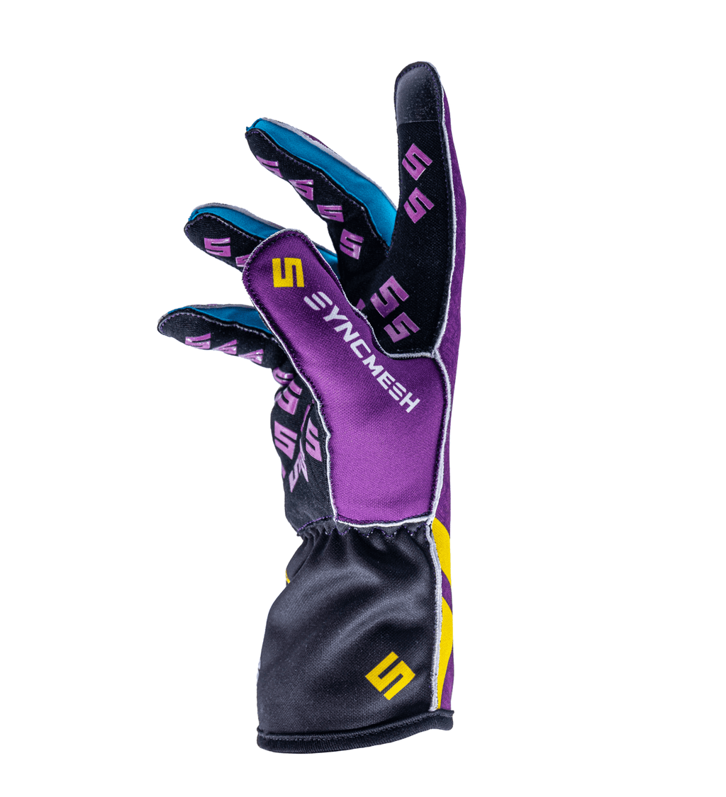 Syncmesh Grip M2X Nebula sim racing glove in purple, angled view showing finger grip pads