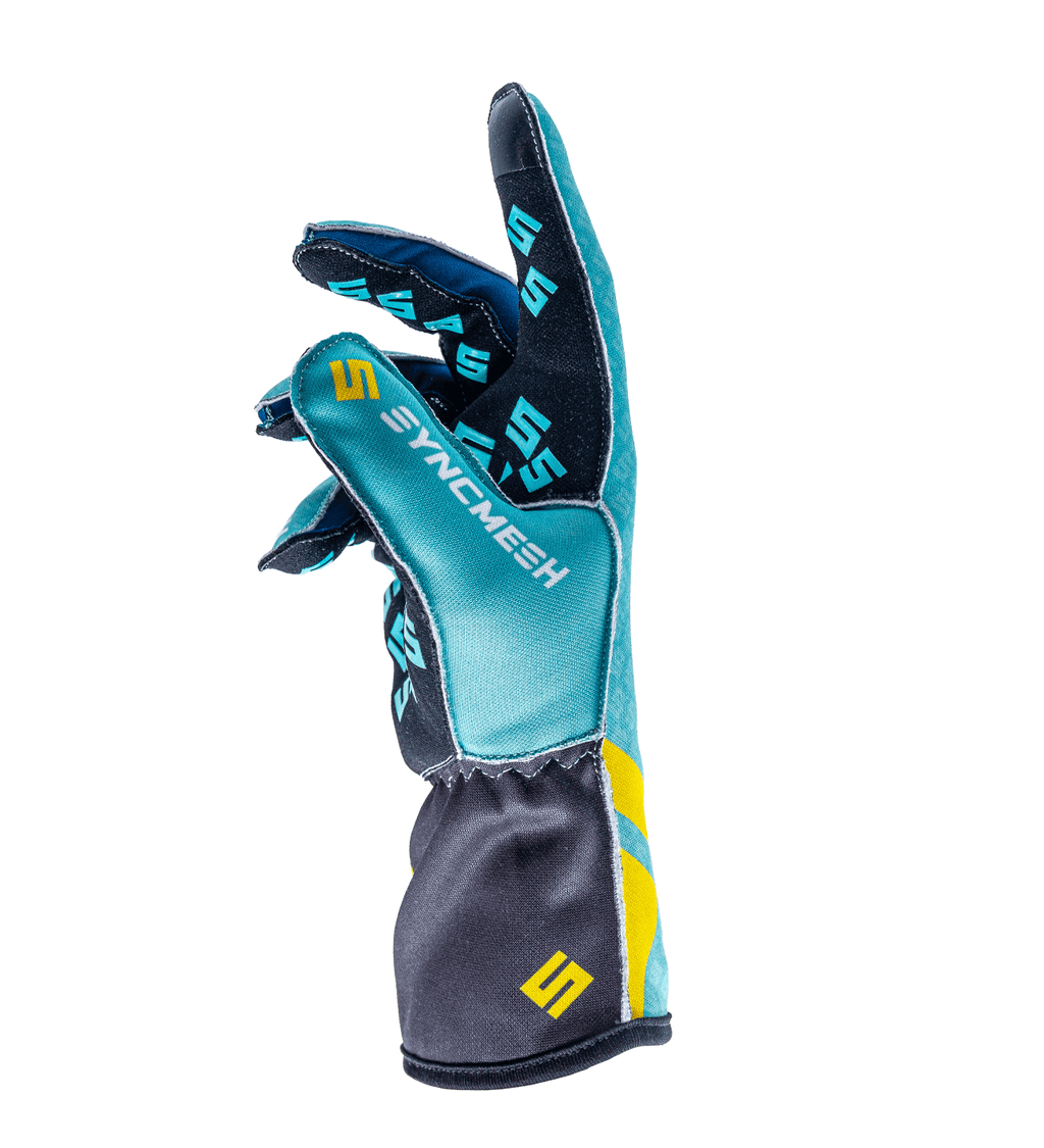 Syncmesh Grip M2X Aurora sim racing glove in teal, angled view showing finger grip pads