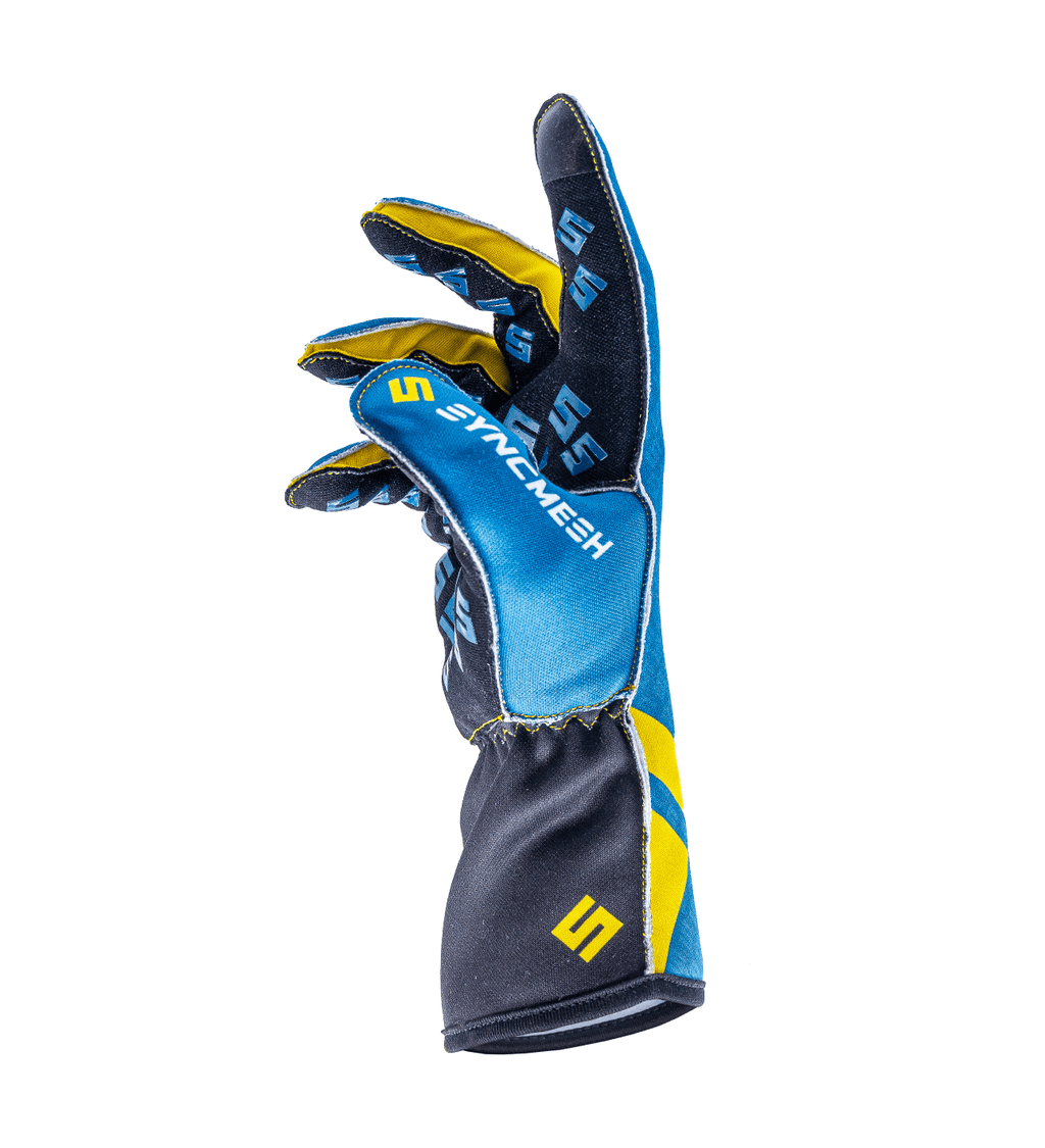 Syncmesh Grip M2X Azure sim racing glove in blue and yellow, angled view showing finger grip pads
