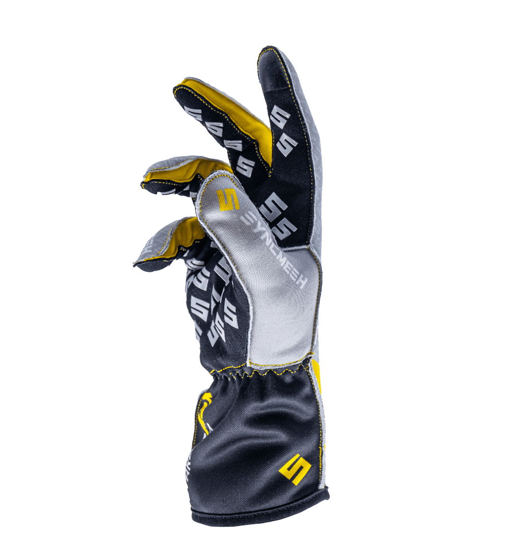 Syncmesh Grip M2X Starlight sim racing glove in silver grey, angled view showing finger grip pads