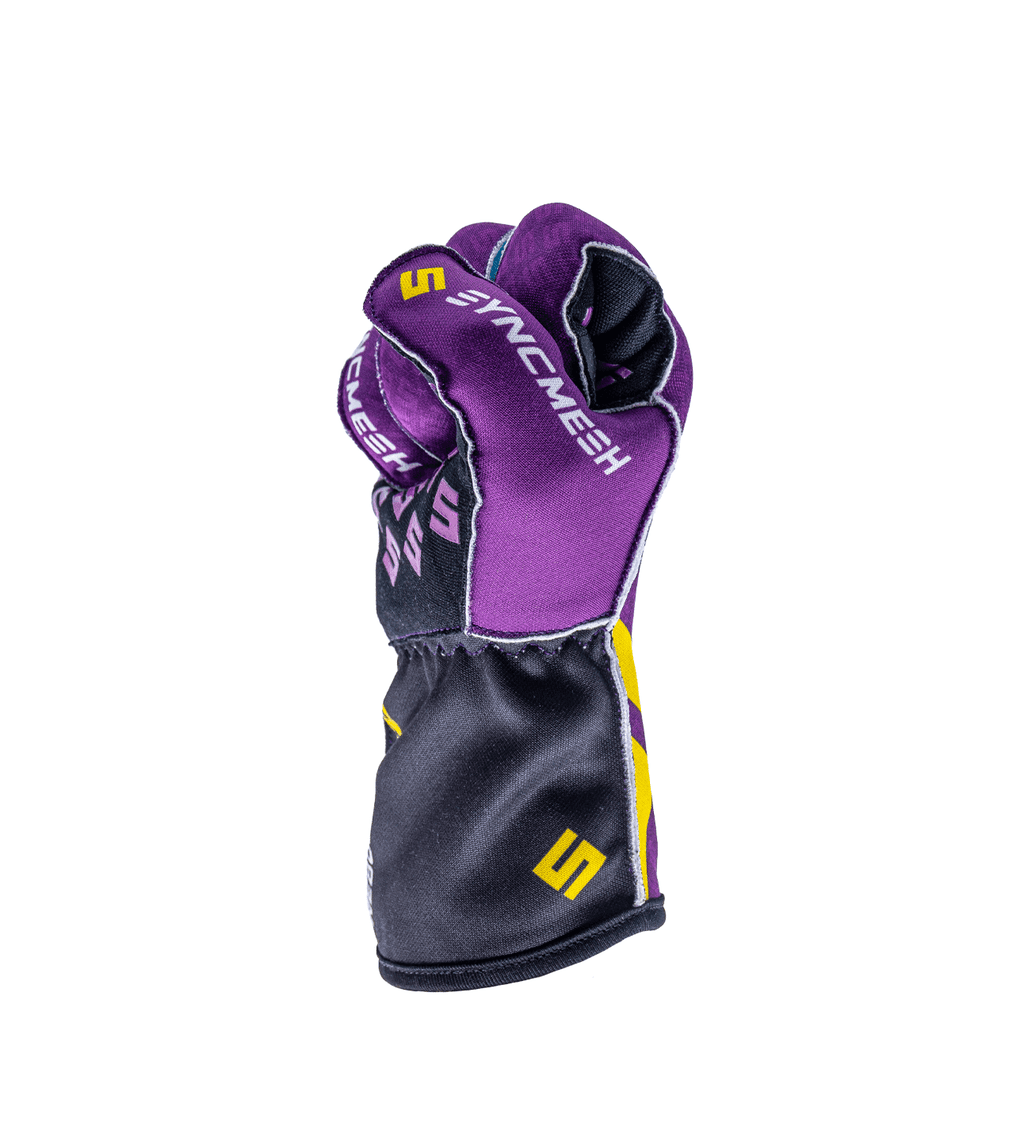 Syncmesh Grip M2X Nebula sim racing glove in purple, side view with fingers curled