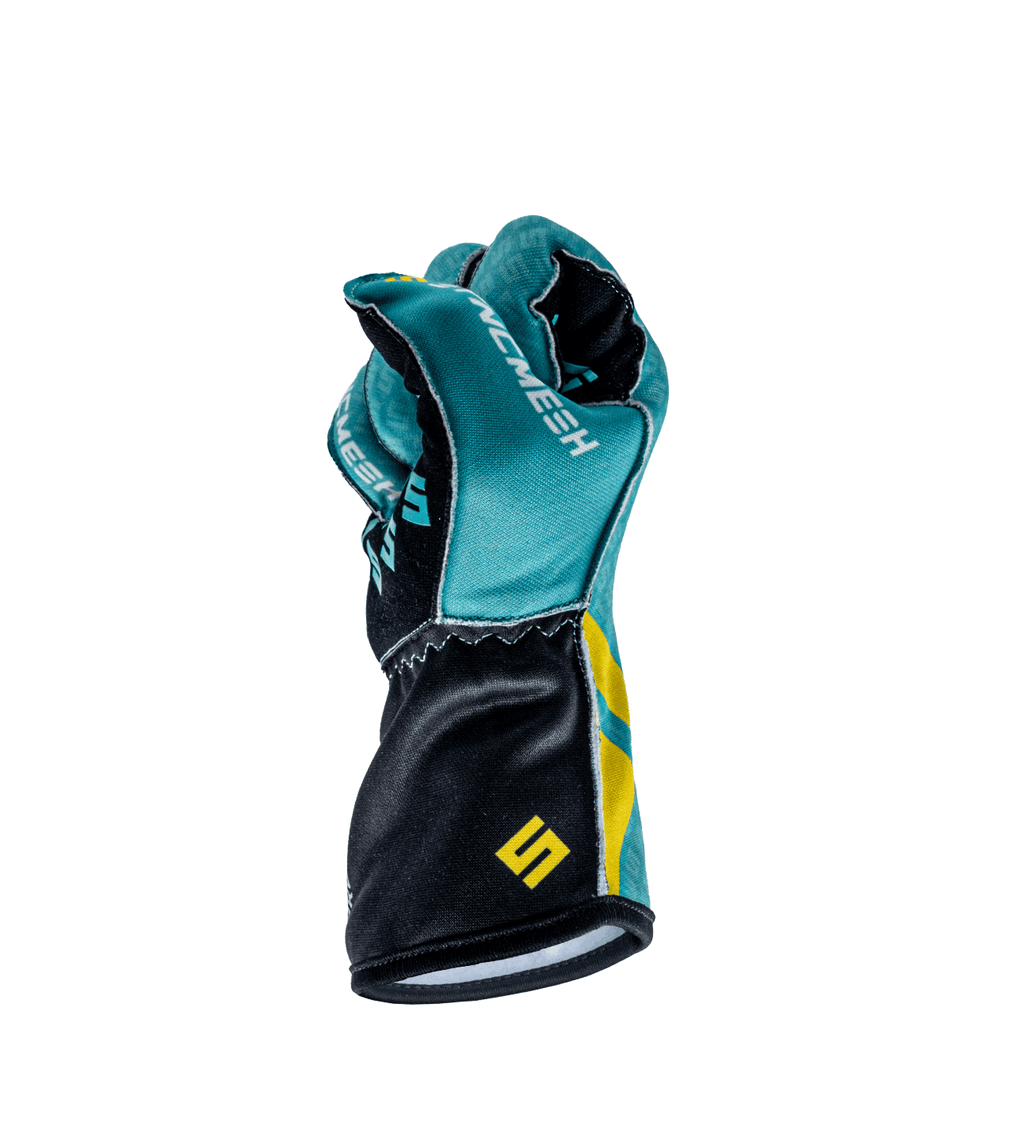 Syncmesh Grip M2X Aurora sim racing glove in teal, side view with fingers curled