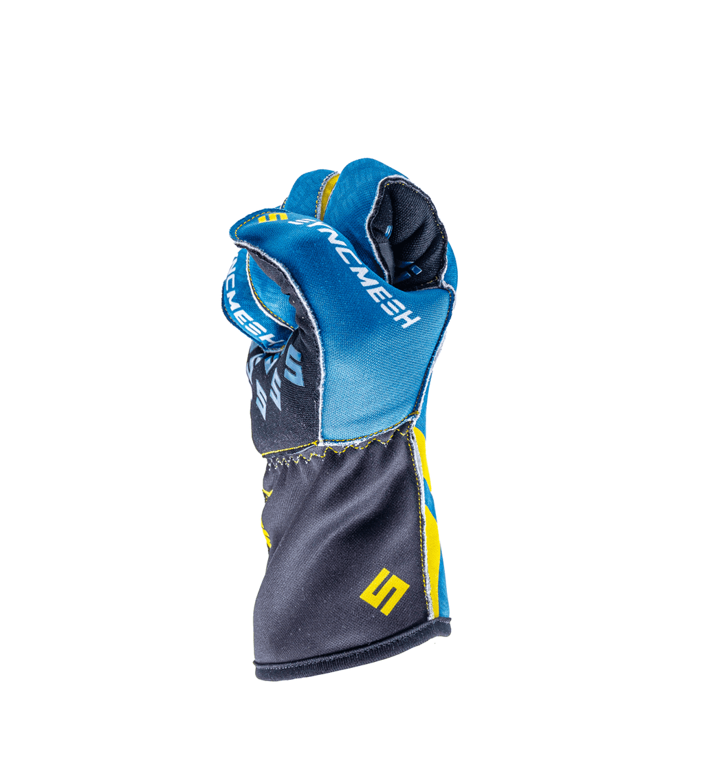 Syncmesh Grip M2X Azure sim racing glove in blue, side view with fingers curled