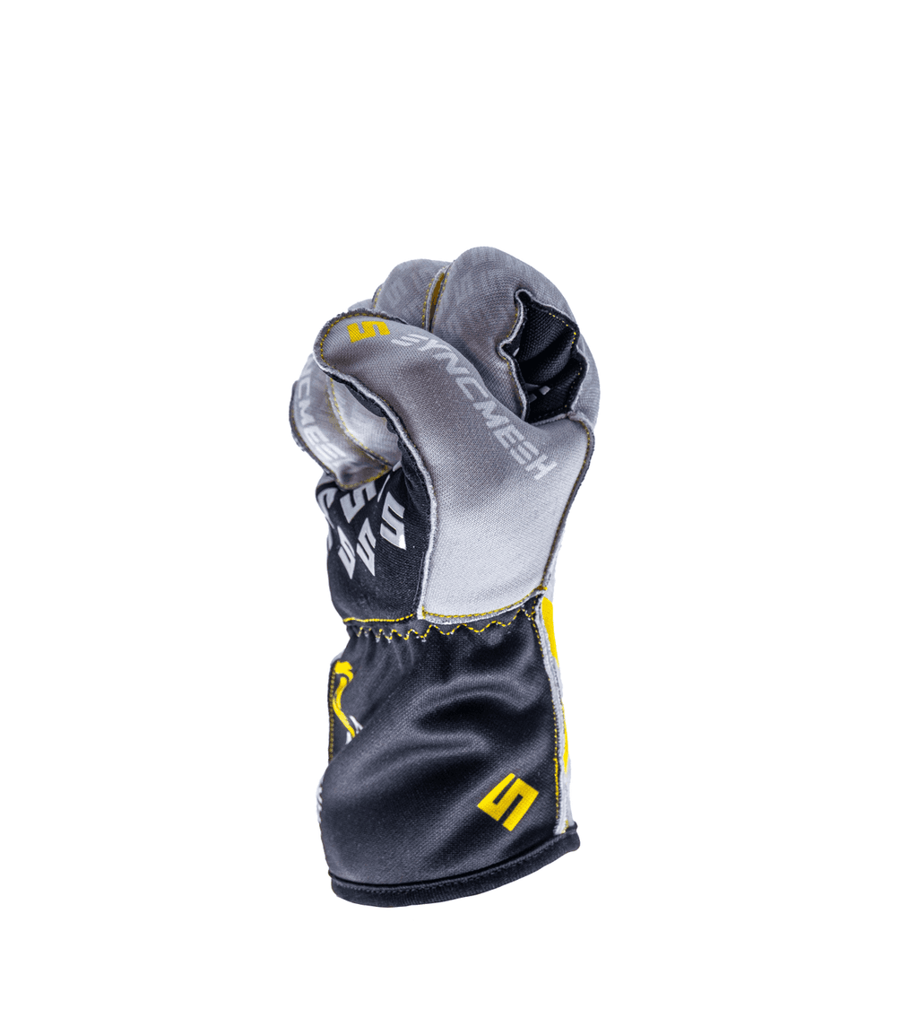 Syncmesh Grip M2X Starlight sim racing glove in silver grey, side view with fingers curled