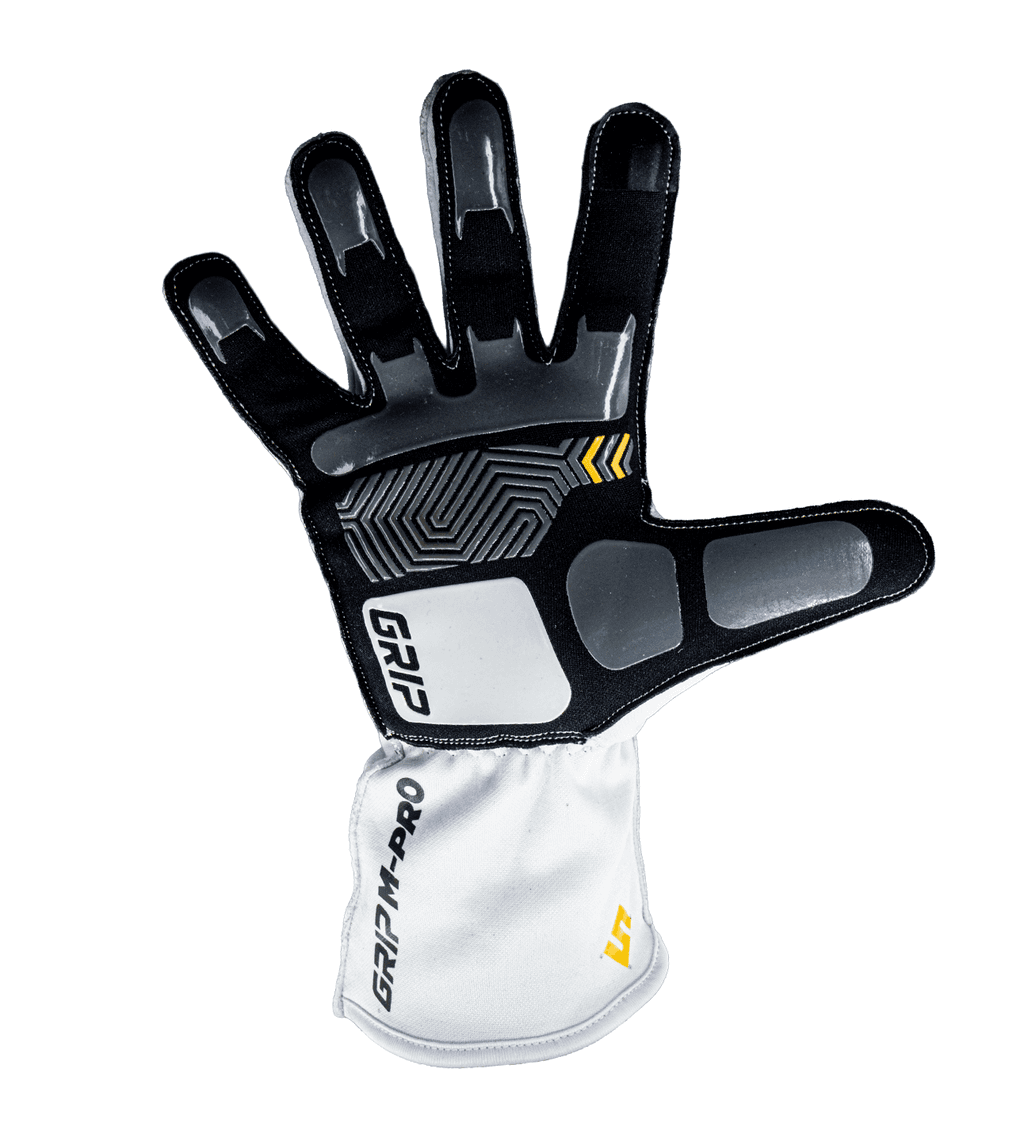 Syncmesh Grip M-PRO White sim racing glove, palm view with grey padded panels and white cuff