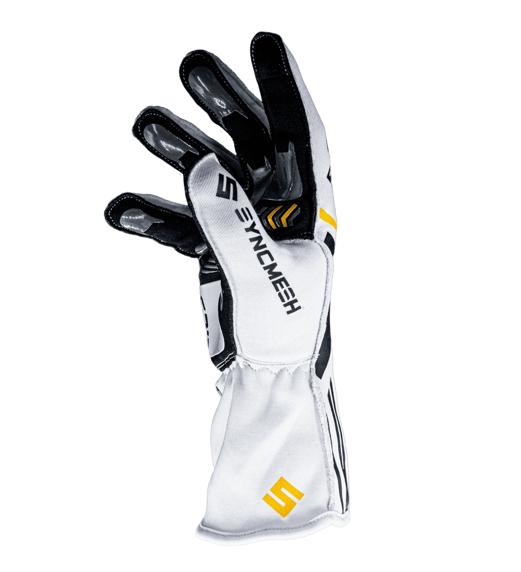 Syncmesh Grip M-PRO White sim racing glove, angled view showing the padded palm and white cuff