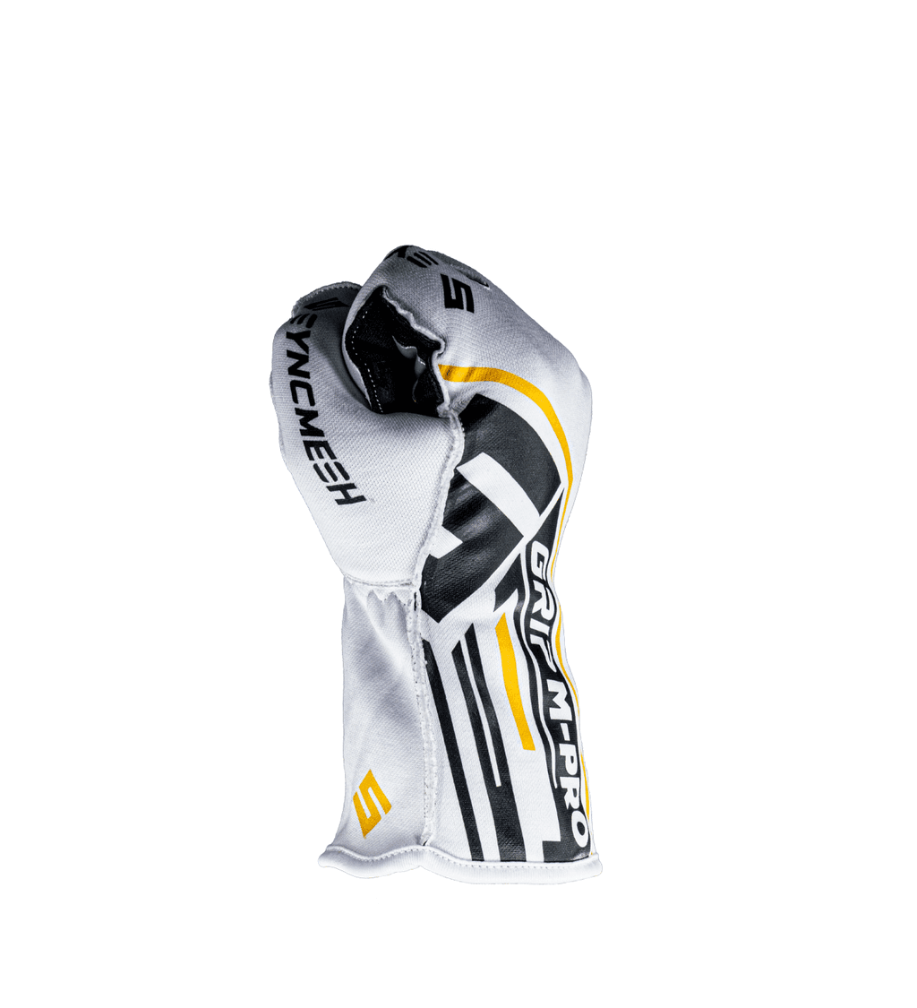 Syncmesh Grip M-PRO White sim racing glove, side view with fingers curled