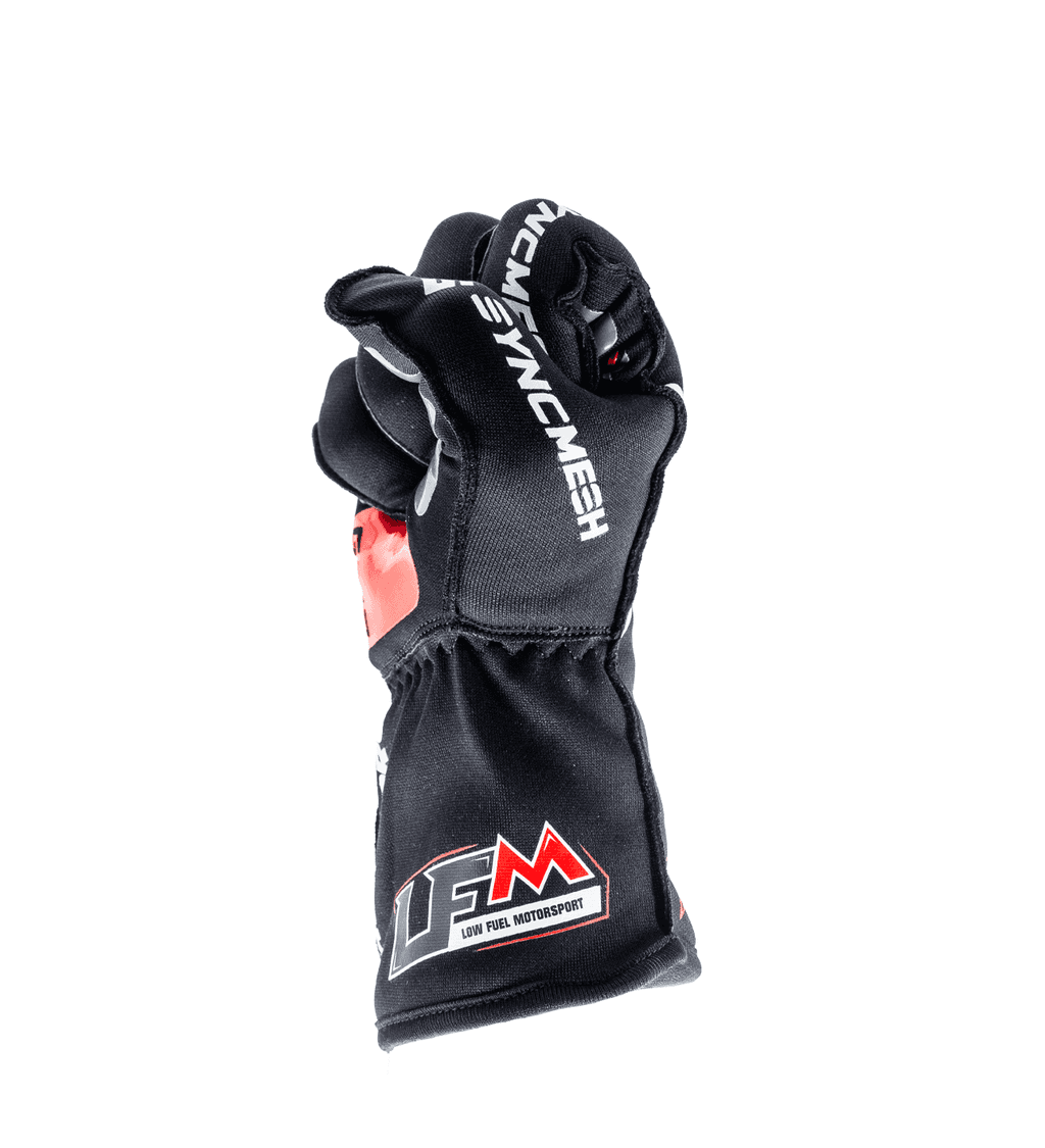 Syncmesh Grip M-PRO LFM Edition sim racing glove in black, side view with fingers curled and LFM cuff