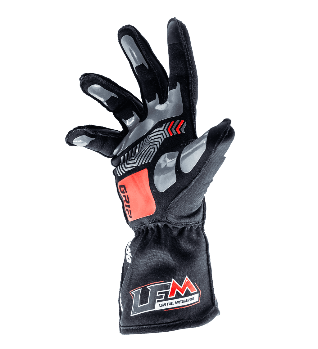 Syncmesh Grip M-PRO LFM Edition sim racing glove, angled view showing padded palm panels