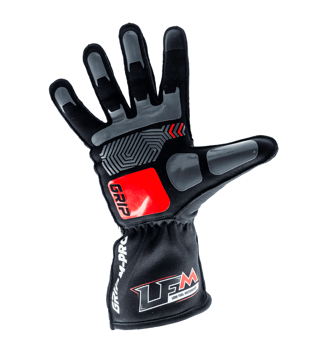 Syncmesh Grip M-PRO LFM Edition sim racing glove, palm view with grey padded panels and red grip block