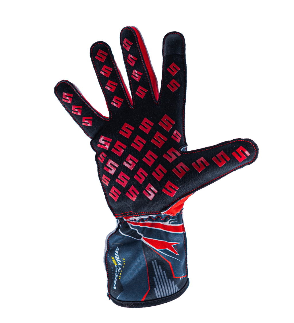 Syncmesh Grip M2X Valkyrie sim racing glove, palm view showing the red S-logo silicone grip pattern