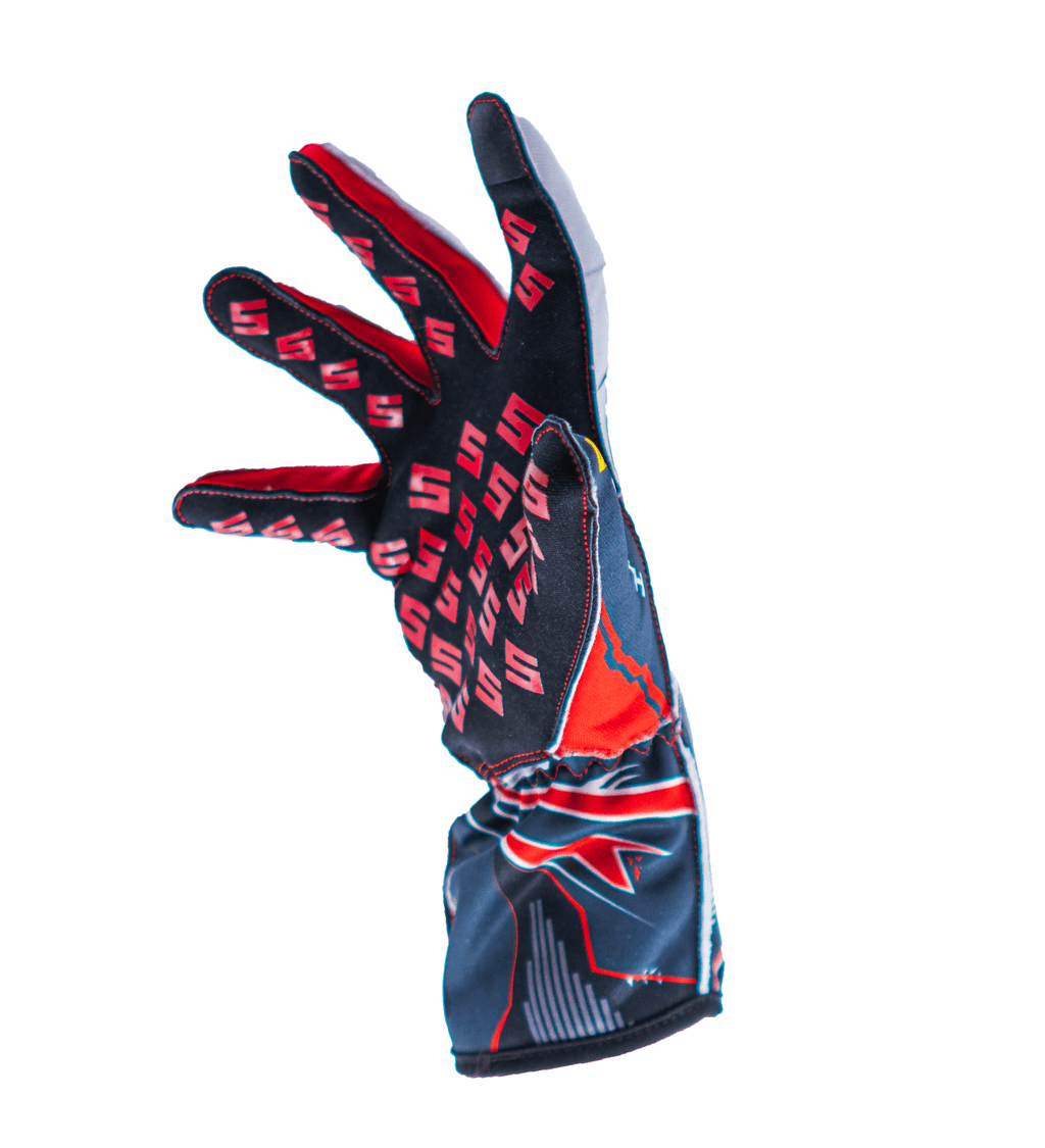 Syncmesh Grip M2X Valkyrie sim racing glove, angled view showing red finger grip pads