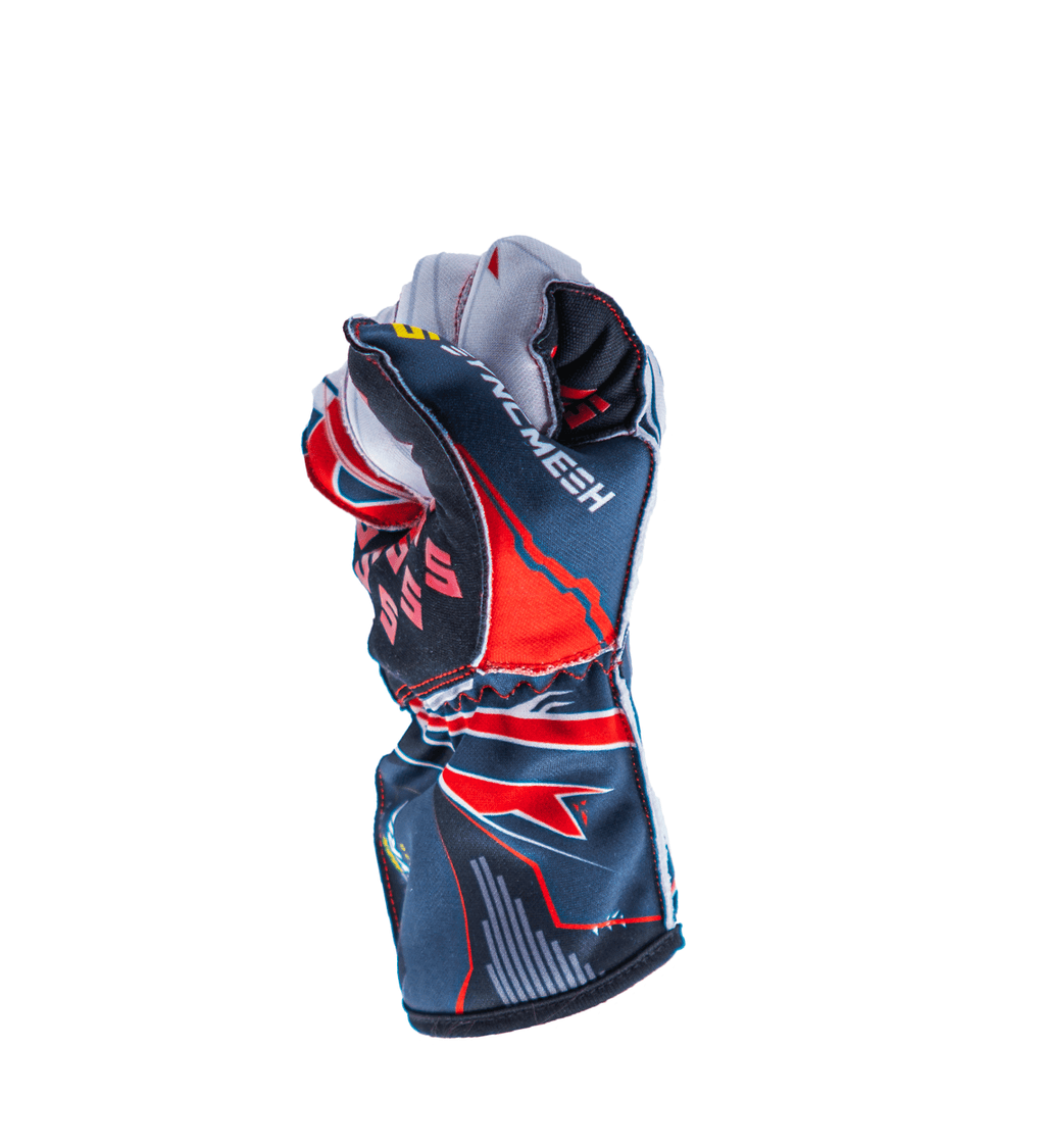 Syncmesh Grip M2X Valkyrie sim racing glove in white, red and blue, side view with fingers curled