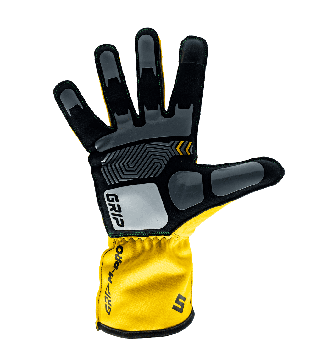Syncmesh Grip M-PRO Yellow sim racing glove, palm view with grey padded panels and yellow cuff