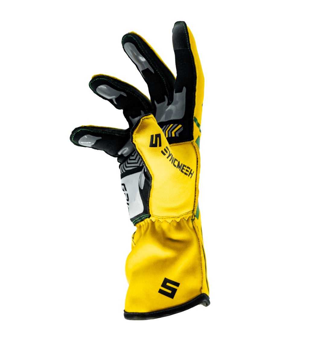 Syncmesh Grip M-PRO Yellow sim racing glove, angled view showing the padded palm and yellow cuff
