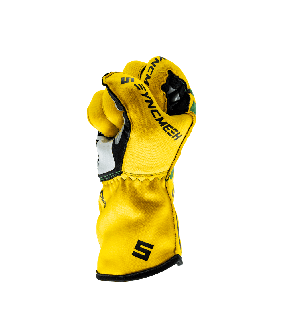 Syncmesh Grip M-PRO Yellow sim racing glove, side view with fingers curled