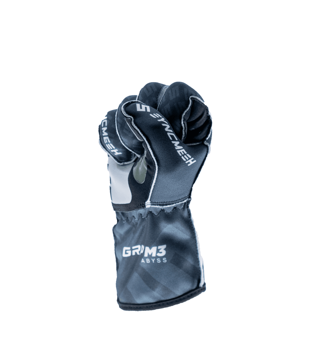 Syncmesh Grip M3 Abyss sim racing glove in grey, side view with fingers curled