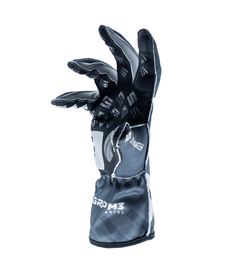 Syncmesh Grip M3 Abyss sim racing glove in grey and white, angled view showing the padded palm