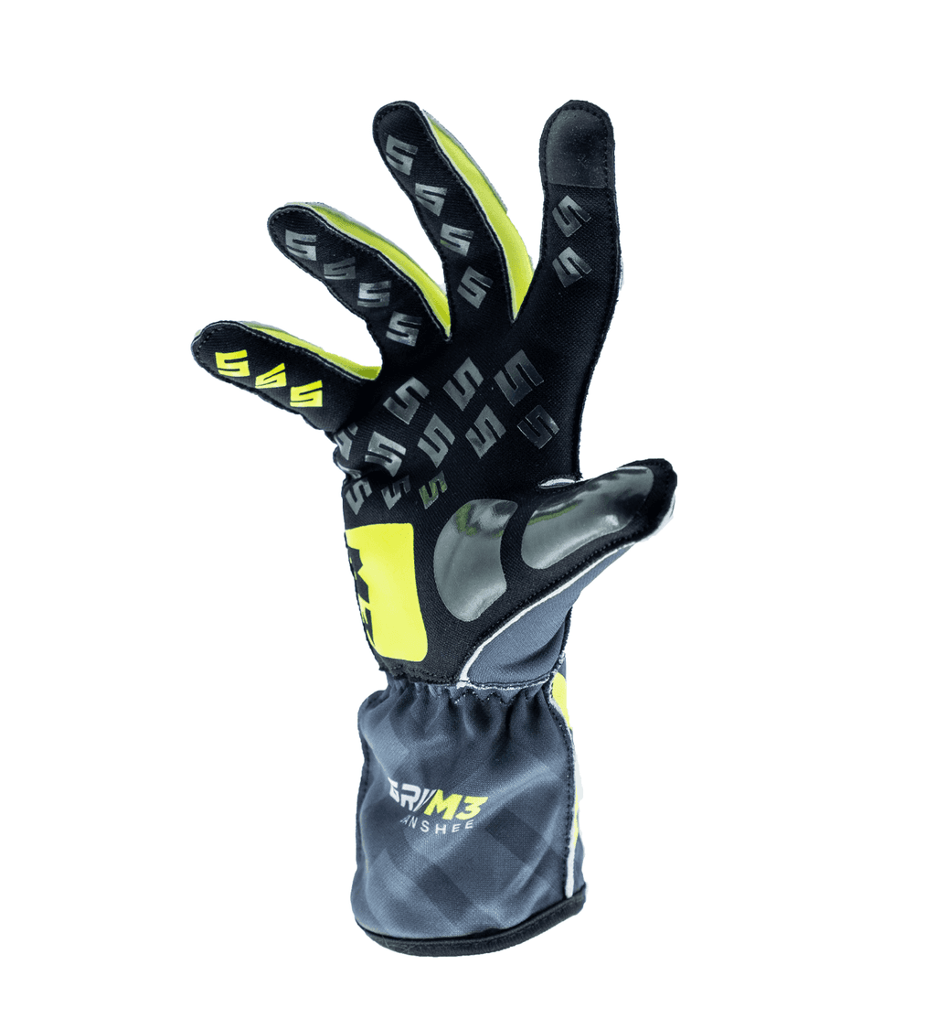 Syncmesh Grip M3 Banshee sim racing glove, angled view showing neon yellow finger grip pads