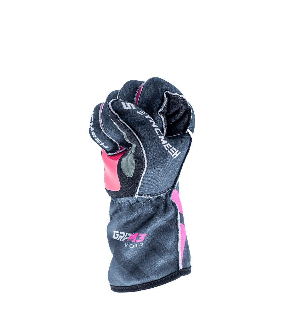 Syncmesh Grip M3 Void sim racing glove in grey and pink, side view with fingers curled