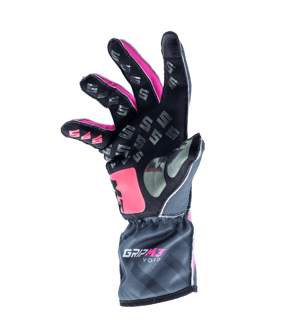 Syncmesh Grip M3 Void sim racing glove, angled view showing pink finger grip pads