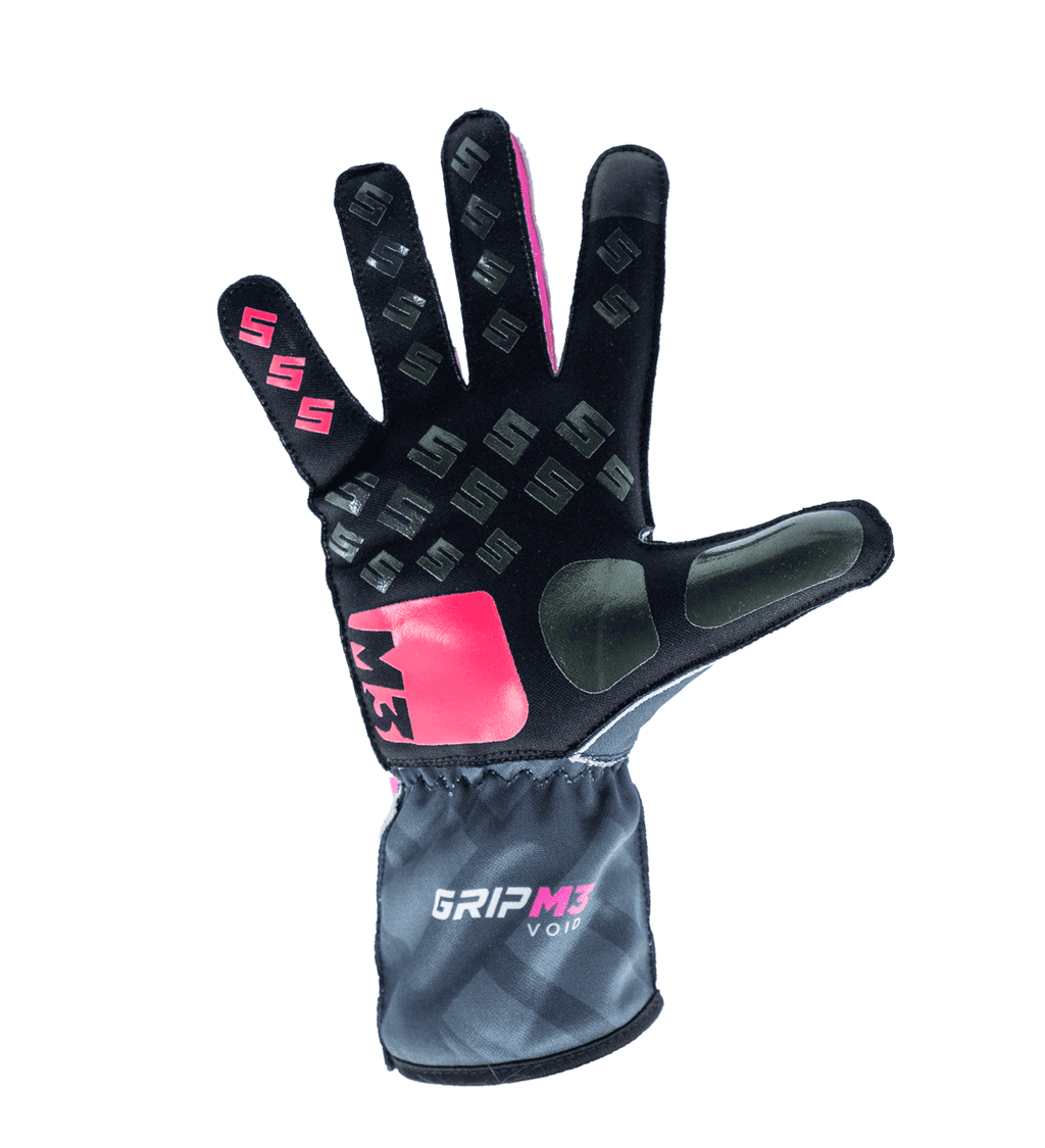 Syncmesh Grip M3 Void sim racing glove, palm view with pink grip block and padded thumb
