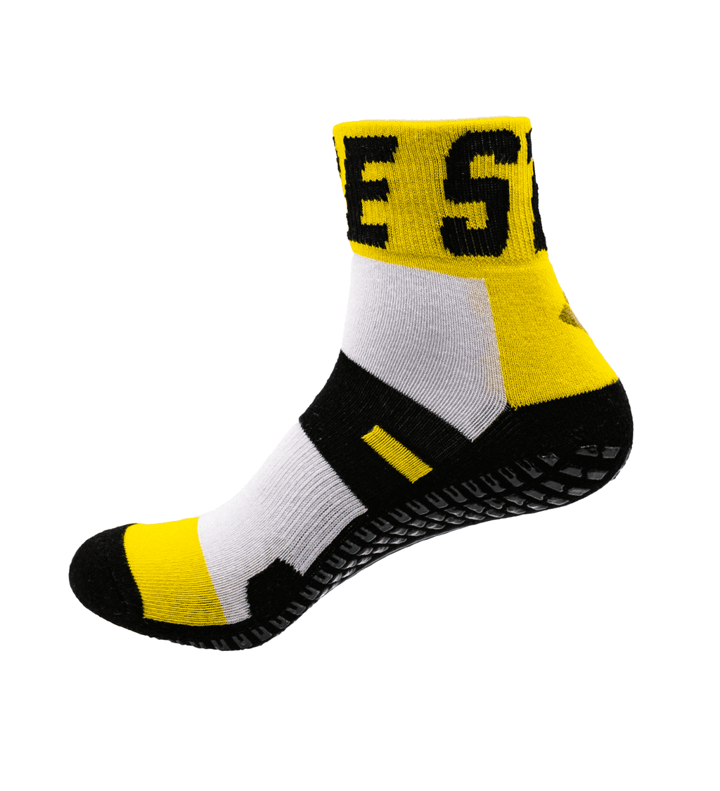 Syncmesh Pace S1 sim racing sock in white, black and yellow, side view