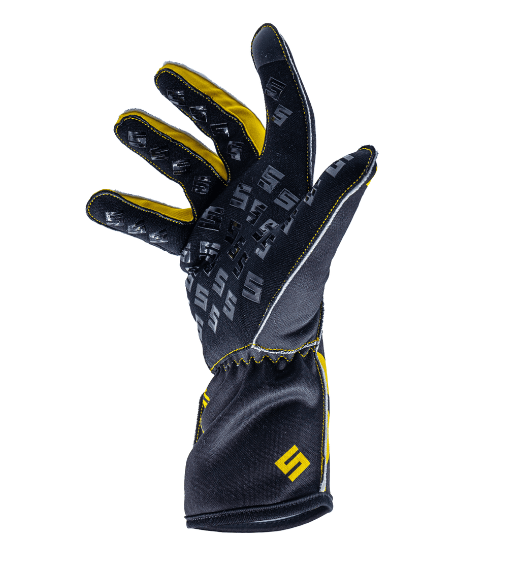 Syncmesh Grip M2X Midnight sim racing glove, angled view showing yellow silicone grip pads on the fingers