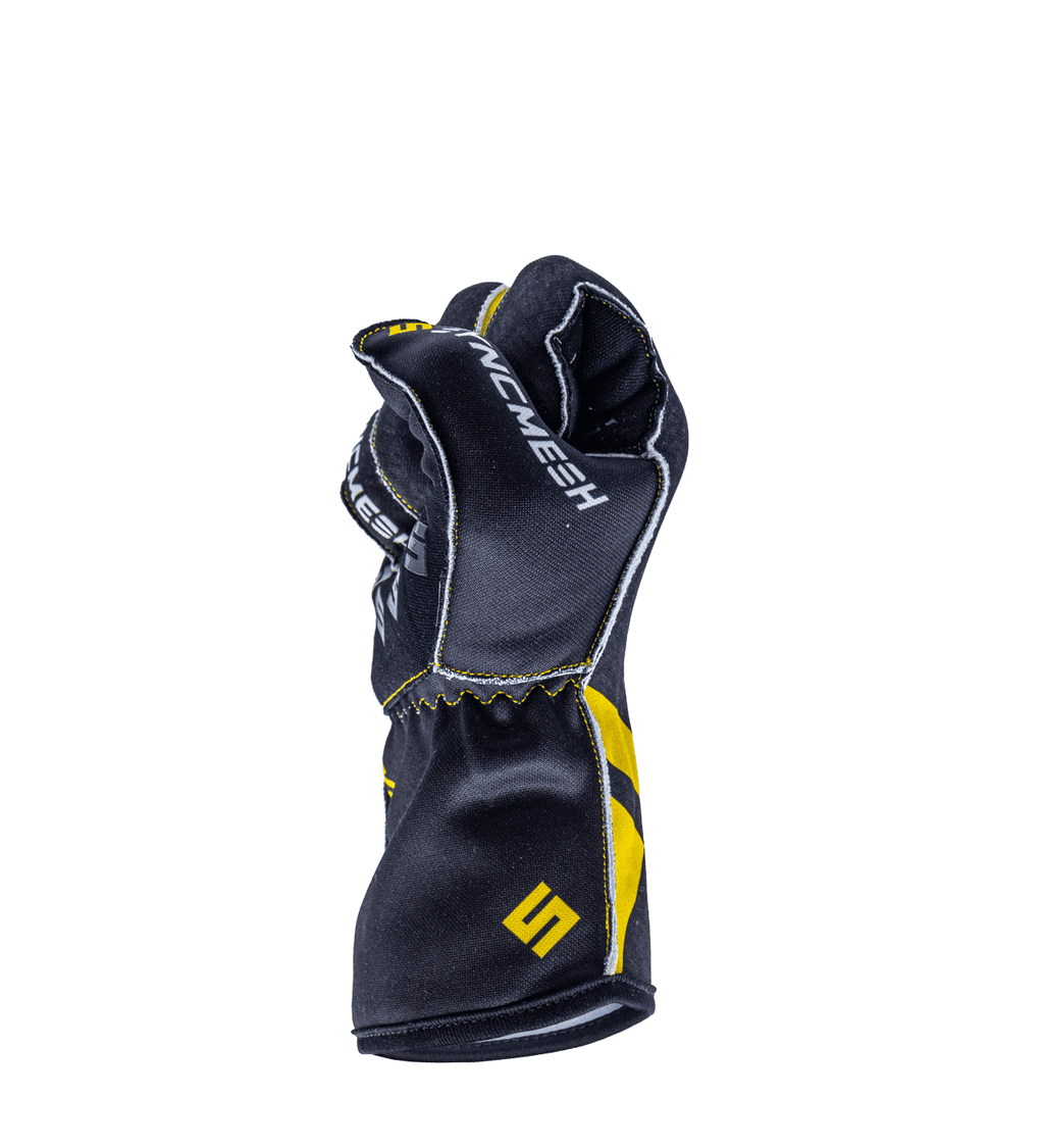 Syncmesh Grip M2X Midnight sim racing glove in black and yellow, side view with fingers curled