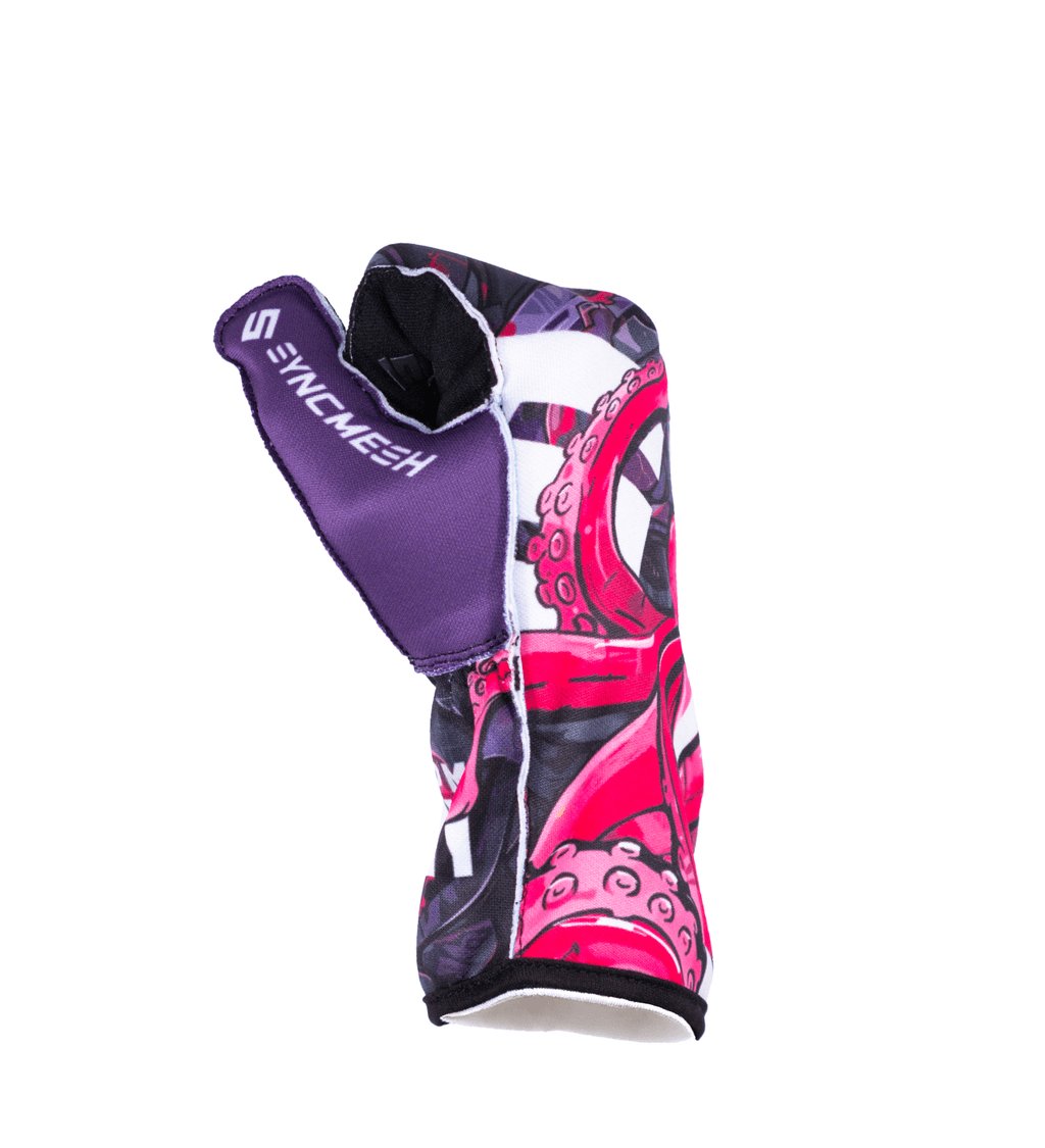 Syncmesh Grip M3 Kraken sim racing glove in pink and purple, side view with fingers curled
