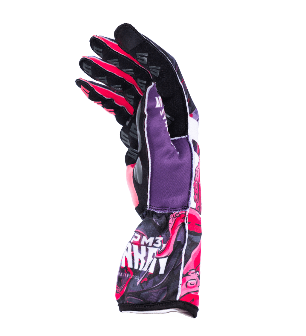 Syncmesh Grip M3 Kraken sim racing glove, angled view showing pink finger grip pads and purple thumb