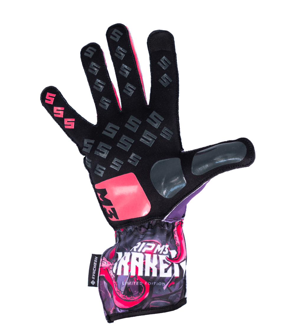 Syncmesh Grip M3 Kraken sim racing glove, palm view with black silicone grip pattern and pink M3 pad