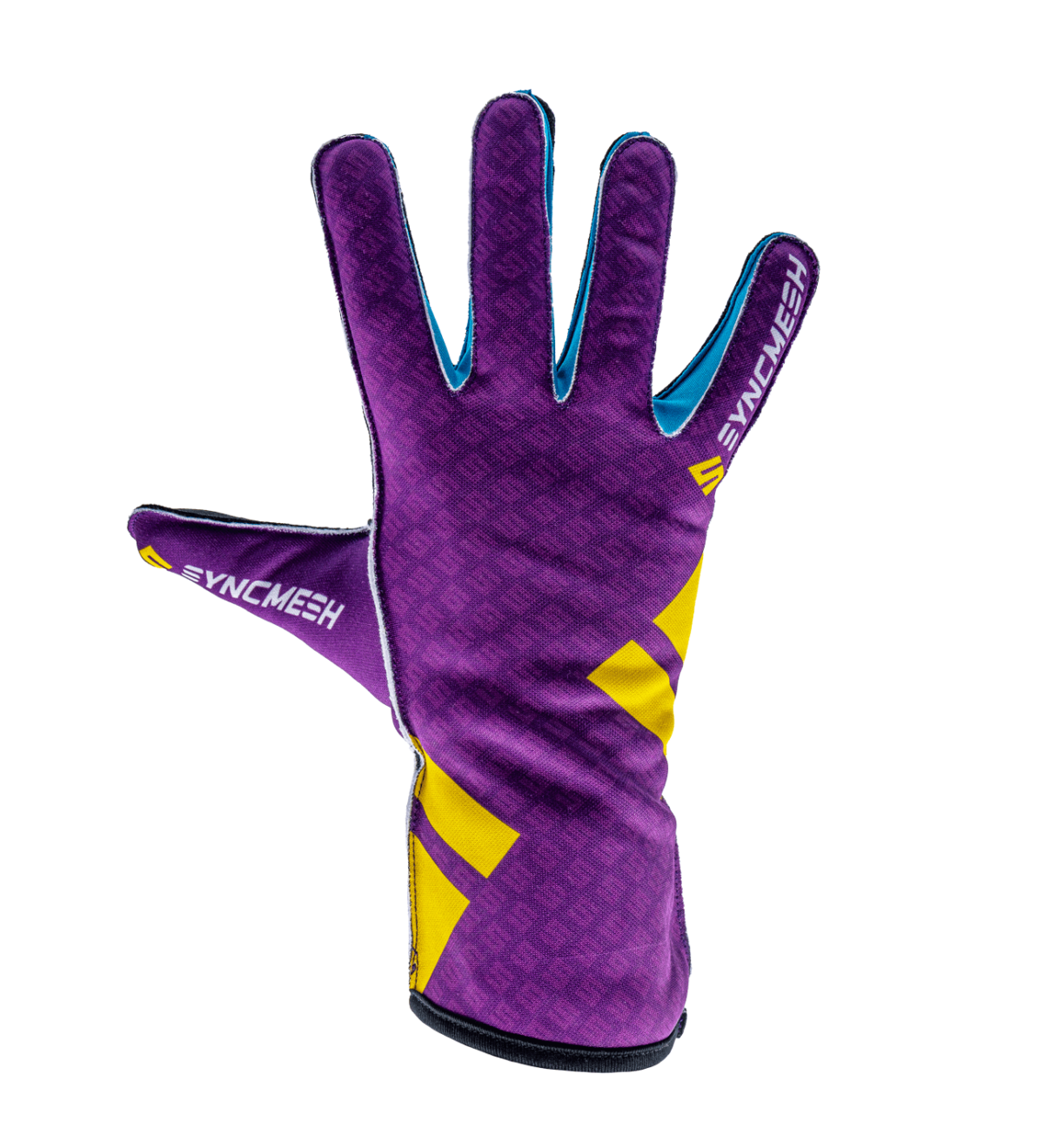 01 - Syncmesh Syncmesh Grip M2X Nebula sim racing glove in purple with yellow accents, back of hand, part of the M2X DUO Pack