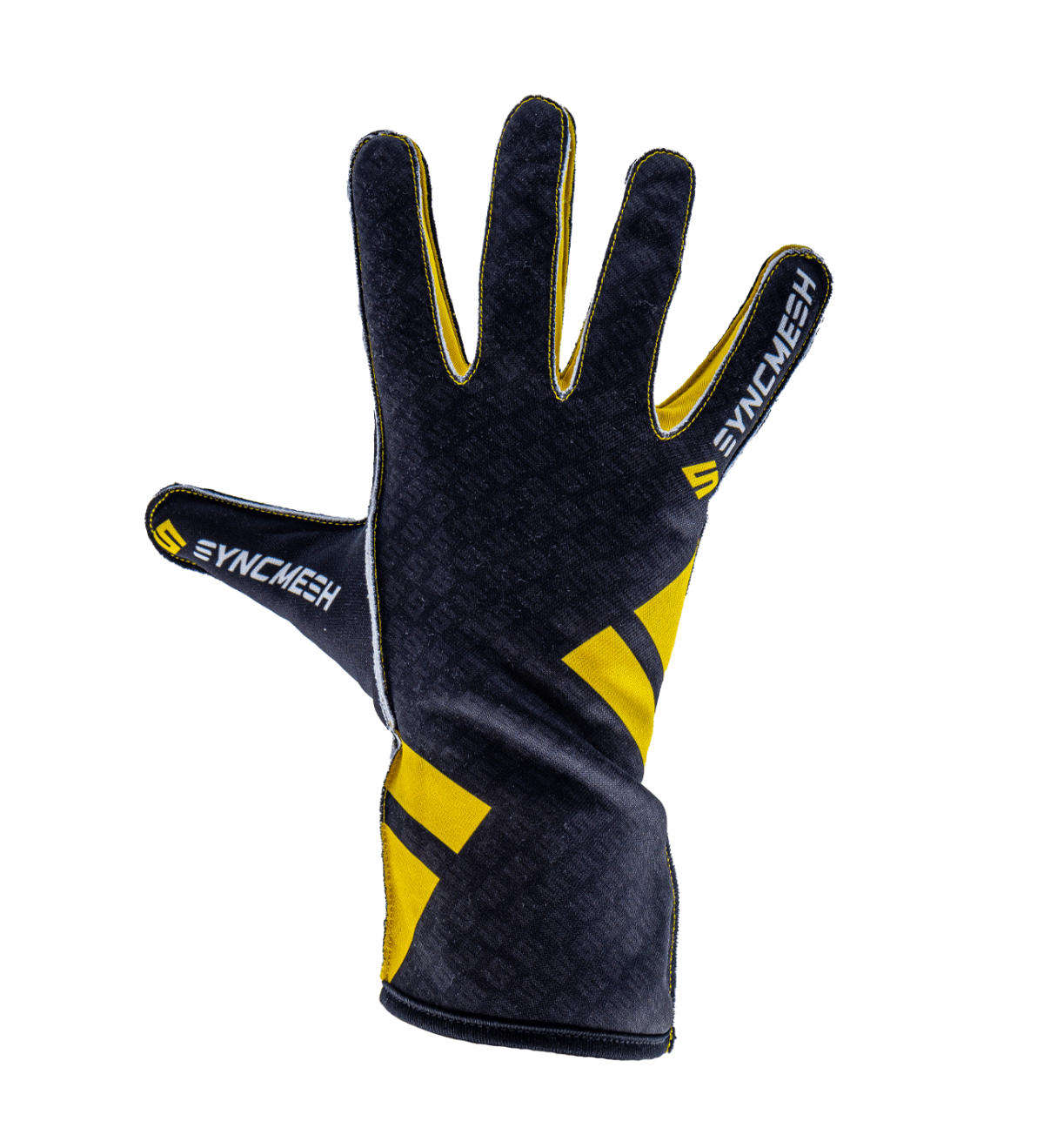 Syncmesh Grip M2X sim racing glove in black with yellow accents, back of hand, part of the M2X DUO Pack