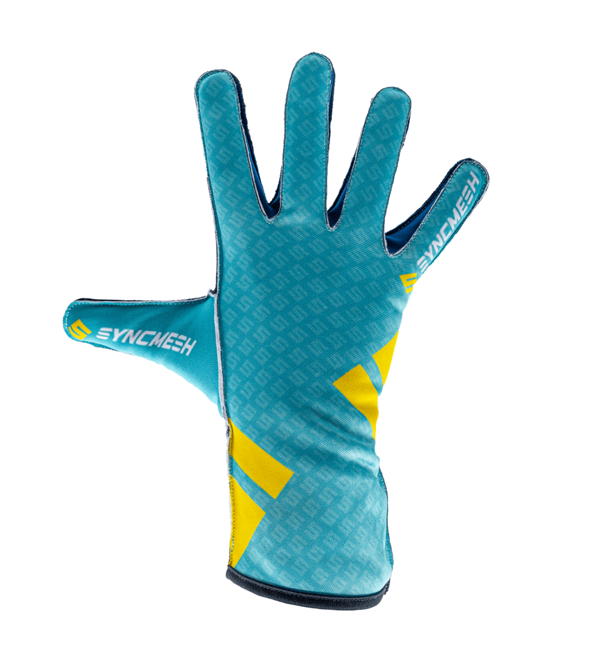 Syncmesh Grip M2X Aurora sim racing glove in teal with yellow accents, back of hand, part of the M2X DUO Pack