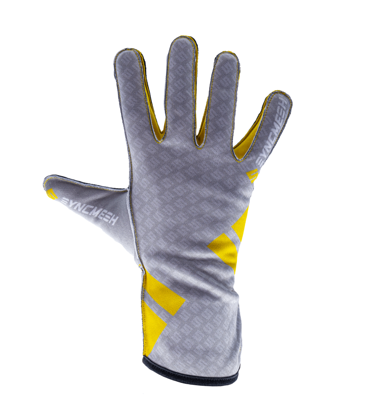 Syncmesh Grip M2X Starlight sim racing glove in silver grey with yellow accents, back of hand, part of the M2X DUO Pack