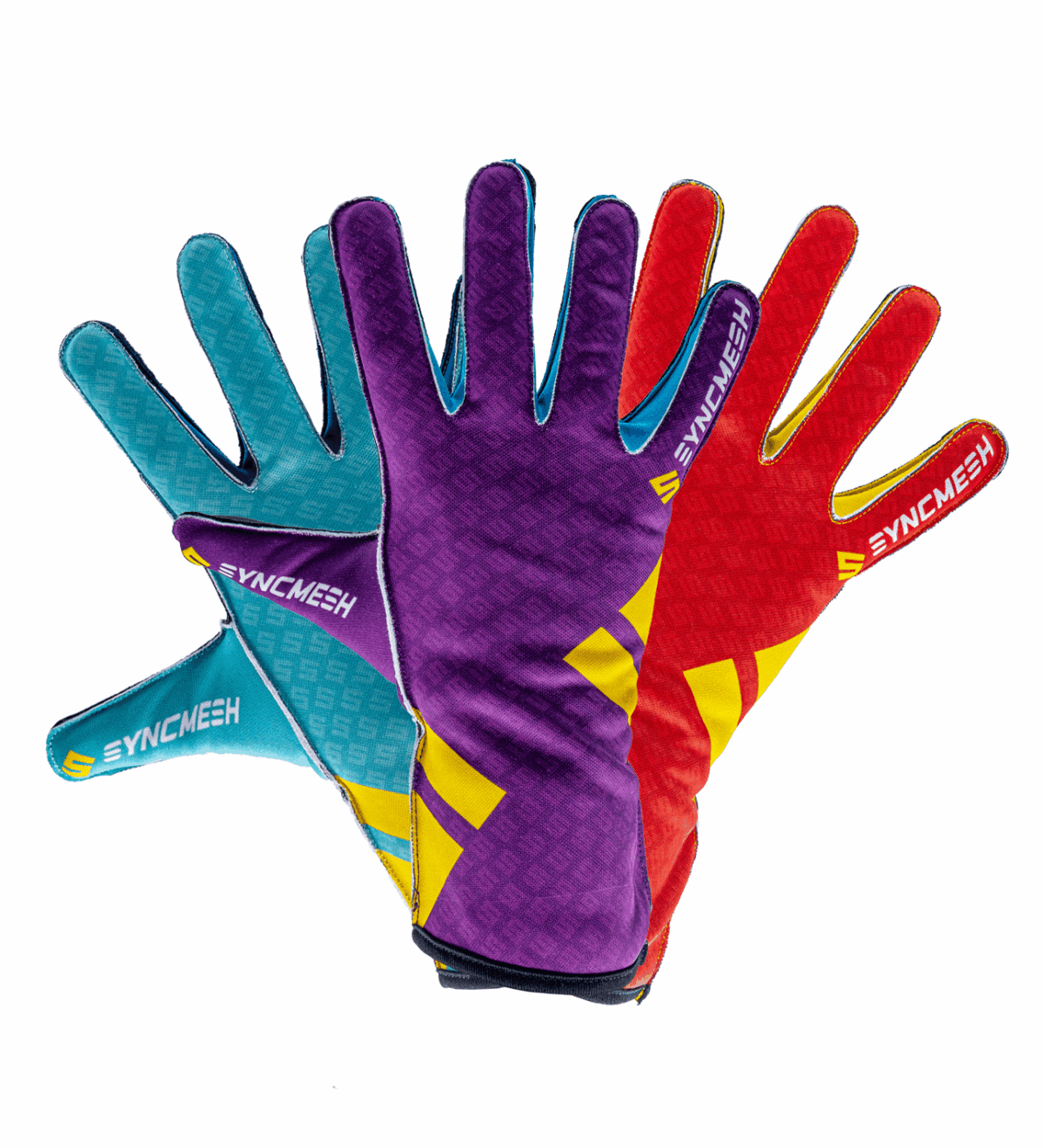Grip_M2X_3X - Syncmesh Syncmesh Grip M2X Color Trio, three sim racing gloves fanned out in teal, purple and red
