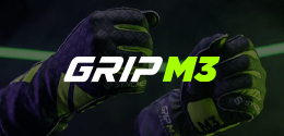 Close-up of black and purple sports gloves with a bold GRIP M3 logo on a dark background.