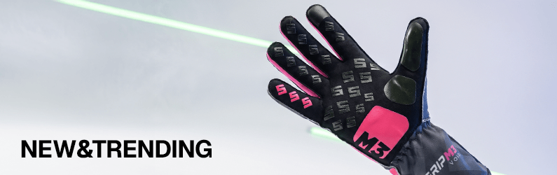 Promotional banner featuring a black-pink sporty glove reaching across a pale background with the text NEW&TRENDING on the left.