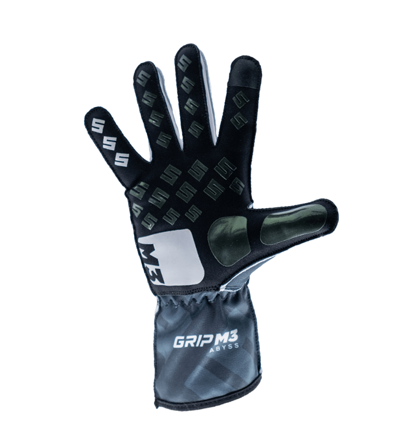 Black performance glove with palm padding and a repeating grip pattern, featuring a white GRIP M3 ABYSS logo on the cuff.