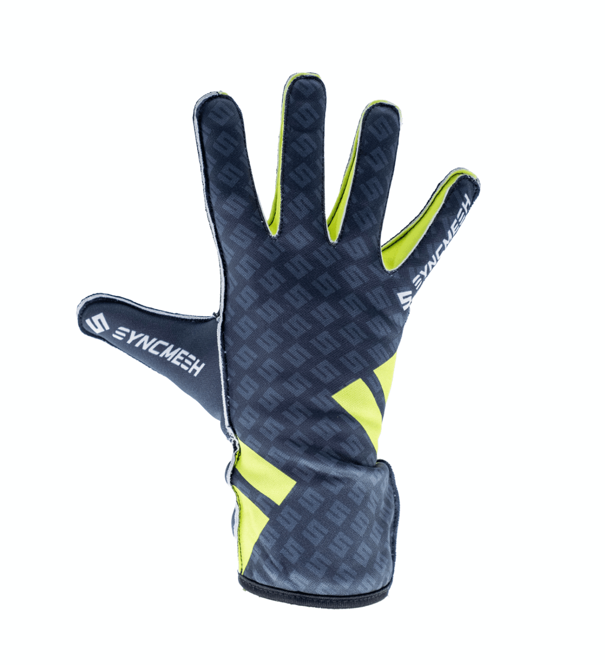 Grip M3 Banshee-back - Syncmesh Sport glove in dark blue with neon yellow accents, textured pattern, shown from the back with fingers spread.